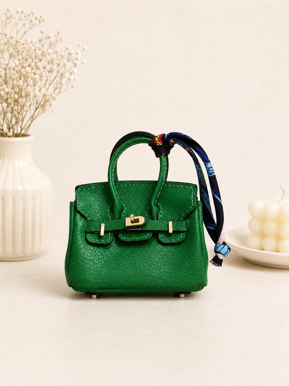 Green Mini Top-Handle Bag with Scarf Accent Charm